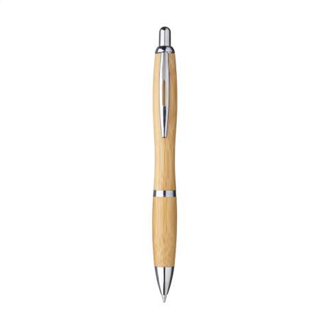 WoW! Umweltfreundlicher, blauschreibender Kugelschreiber aus Bambus mit Metallclip und silbernen Akzenten.