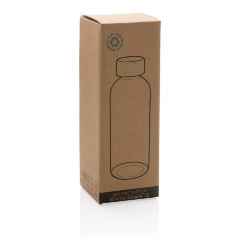 This RPET water bottle is single-wall constructed and features a stylish FSC-certified bamboo lid. The body of the bottle is made from 100% GRS certified RPET. GRS certification ensures a completely certified supply chain of the recycled materials. Hand wash only. This product is for cold drinks only. Total recycled content: 75% based on total item weight. BPA free. Capacity 660ml. Including FSC®-certified kraft packaging.