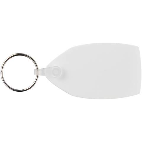Porte-clés rectangulaire blanc avec anneau métal. L’anneau en forme de boucle métallique présente un profil plat idéal pour les envois.
