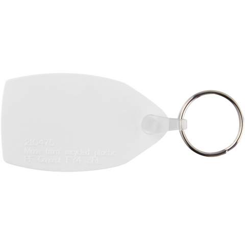 Weißer, rechteckiger Schlüsselanhänger mit metallenem Schlüsselring. Der Metallring bietet ein flaches Profil, das sich ideal für Mailings eignet.