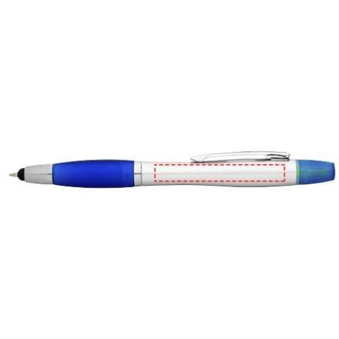 Twist action mechanism stylus ballpoint pen with highlighter and soft touch grip.