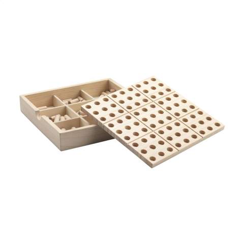 Plateau de jeu Sudoku de luxe avec couvercle, en bois de pin FSC 100% certifié. Le couvercle fait également office de plateau de jeu. Les 81 pions qui l'accompagnent sont numérotés et peuvent être rangés dans la boîte de jeu à 9 compartiments. Env. 10 cartes à jouer et règle du jeu incluses. Chaque article est fourni dans une boite individuelle en papier kraft marron.
