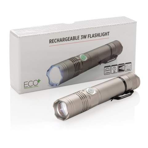 Long lasting rechargeable flashlight that can be re-charged time after time so no need to replace batteries making this torch a sustainable choice. This aluminium 3W flashlight produces 130 lumen and a beam up to 200 metres. Includes 3 light modes:  bright, low beam and flashing. With its IPX 4 rating it’s also suitable to use in bad weather conditions. With built-in 2200 mAh lithium battery that allows a usage time up to 8 hours. Re-charging takes approximate 2 hours. Including micro USB cable for re-charging via USB outlet.<br /><br />Lightsource: LED<br />LightsourceQty: 1