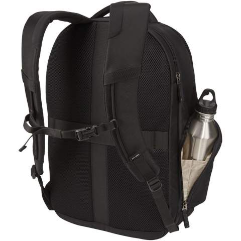 Features a large zippered main compartment with a padded 17.3" laptop and 10.1" tablet sleeve and a zippered mesh pocket for cables and accessories. Comes with a front organization panel to storage small electronics, cables, accessories, business cards and keys. Contains expandable side pockets for water bottle or power brick, padded shoulder straps, quilted air mesh back panel, soft handle and trolley tunnel. Case Logic warranty: 25 years.
