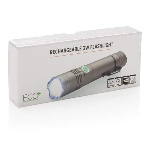 Long lasting rechargeable flashlight that can be re-charged time after time so no need to replace batteries making this torch a sustainable choice. This aluminium 3W flashlight produces 130 lumen and a beam up to 200 metres. Includes 3 light modes:  bright, low beam and flashing. With its IPX 4 rating it’s also suitable to use in bad weather conditions. With built-in 2200 mAh lithium battery that allows a usage time up to 8 hours. Re-charging takes approximate 2 hours. Including micro USB cable for re-charging via USB outlet.<br /><br />Lightsource: LED<br />LightsourceQty: 1
