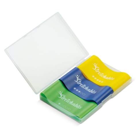 This set contains of three different resistance bands, a manual and a case.  Each band has its own resistance level: from light to heavy. The level is indicated with dots on the bands. There are a few example exercises in the manual for you to immediately start your training. Each exercise is described in two simple steps.