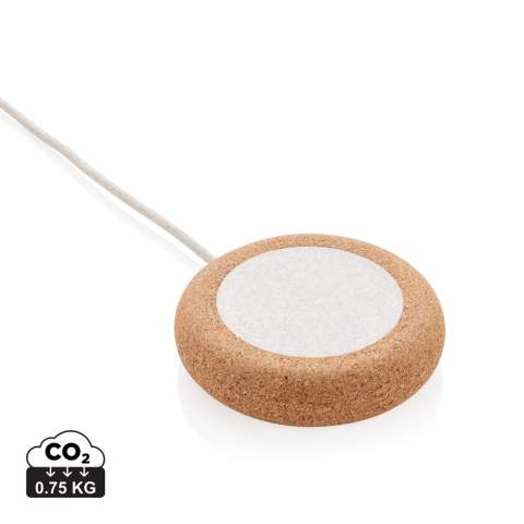 5W wireless charger with wheat straw (35%) mixed with ABS and natural cork. With integrated 120 cm wheat straw/tpe cable for direct use. Compatible with all QI enabled devices like Android latest generation, iPhone 8 and up. Input: 5V/2A; Output: 5/1A - 5W. Item and accessories 100% PVC free.<br /><br />WirelessCharging: true<br />PVC free: true