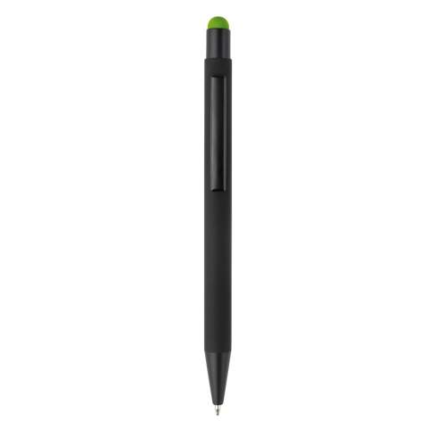 This elegant metal ball pen with black trims can be laser engraved and the logo will come out in the colour of the stylus tip. Writing colour: blue.