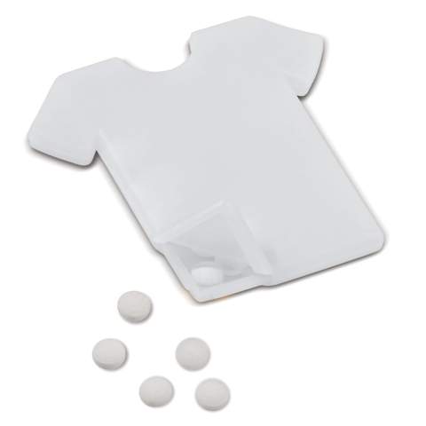 Distributeur de bonbons en forme de tee-shirt. Ouverture du distributeur sur le bas du tee-shirt. Environ 7 grammes. Adapté au marquage digital en quadri.