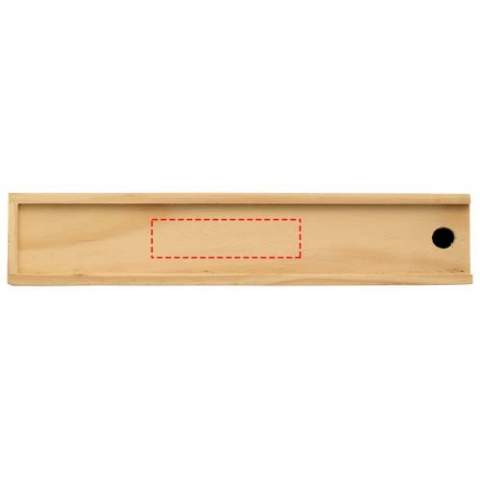12 Farbstifte in einer Geschenkbox aus Holz mit Schiebedeckel, dessen Rückseite ein Lineal ist.
