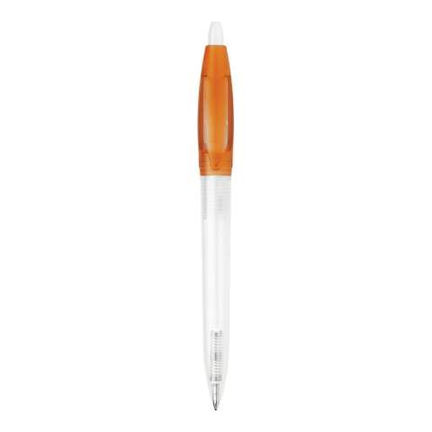 Transparante balpen Bio-S! met transparante barrel en gekleurde clip. Inclusief een X20 vulling met blauw schrijvende inkt. Gemaakt van PLA kunststof, wat een biologisch afbreekbaar materiaal is. Dit betekend dat het een goede en duurzame keuze is als promotioneel artikel. De pen heeft een drukmechaniek en is geproduceerd in Europa. Kleur combinaties voor deze pen zijn mogelijk vanaf 5.000 stuks.