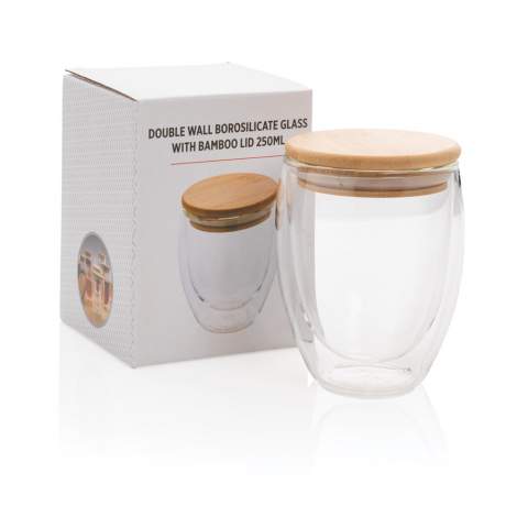 This double wall borosilicate glass has a sleek 2 layer design which showcases all your favourite drinks! No matter what you serve, cappuccino, tea or latte, it will be nice and  hot while your hand stays cool. Incudes a bamboo lid. It is recommended to handwash the glass and bamboo lid. Capacity 250ml. BPA free.