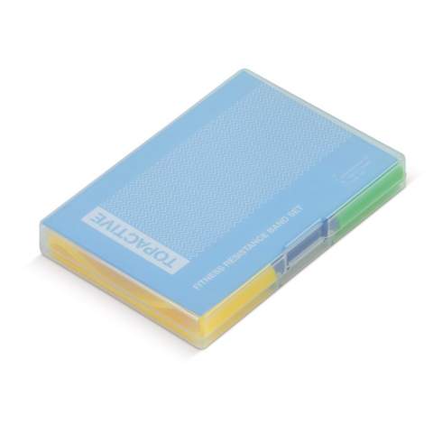 This set contains of three different resistance bands, a manual and a case.  Each band has its own resistance level: from light to heavy. The level is indicated with dots on the bands. There are a few example exercises in the manual for you to immediately start your training. Each exercise is described in two simple steps.