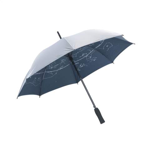 Parapluie anti-vent avec une toile en nylon 190T, ouverture automatique, cadre en fibre de verre, poignée douce, fermeture par bande auto-agrippante et constellations à l'intérieur. Protège également du soleil et de la chaleur.