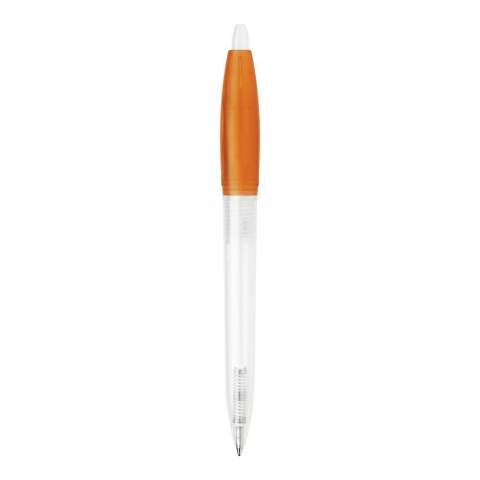 Transparante balpen Bio-S! met transparante barrel en gekleurde clip. Inclusief een X20 vulling met blauw schrijvende inkt. Gemaakt van PLA kunststof, wat een biologisch afbreekbaar materiaal is. Dit betekend dat het een goede en duurzame keuze is als promotioneel artikel. De pen heeft een drukmechaniek en is geproduceerd in Europa. Kleur combinaties voor deze pen zijn mogelijk vanaf 5.000 stuks.