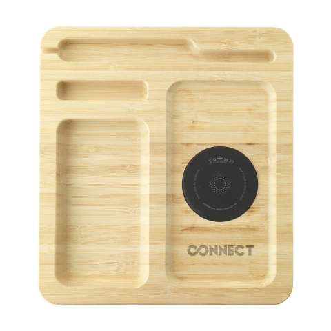 Desk organizer and wireless 15W phone charger in one, with cable with USB-C connector. This desk accessory is made from bamboo. The built-in magnetic wireless fast charger is compatible with all devices that support Qi wireless charging. Give this organizer a permanent place on your desk and collect your coins, paper clips, stationery, glasses, keys or your wallet. This way, your desk is tidy and all important things are clearly arranged. Includes user manual. Each item is supplied in an individual brown cardboard box.
