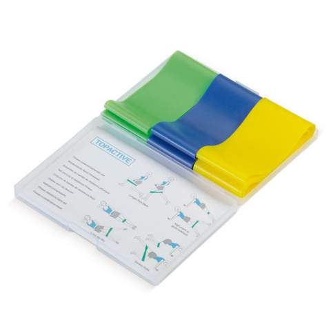 This set contains of three different resistance bands, a manual and a case.  Each band has its own resistance level: from light to heavy. The level is indicated with dots on the bands. There are a few example exercises in the manual for you to immediately start your training. Each exercise is described in two simple steps.
