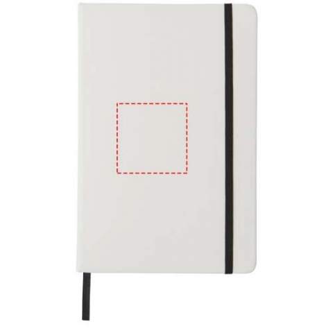 White A5 notebook with coloured elastic closure and ribbon. Includes 80 sheets (60g/m2) lined paper. Digital print possible on cover.