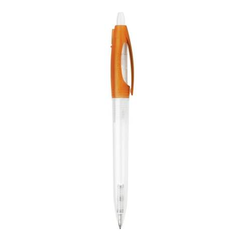 Transparante balpen Bio-S! met transparante barrel en gekleurde clip. Inclusief een X20 vulling met blauw schrijvende inkt. Gemaakt van PLA kunststof, wat een biologisch afbreekbaar materiaal is. Dit betekend dat het een goede en duurzame keuze is als promotioneel artikel. De pen heeft een drukmechaniek en is geproduceerd in Europa. Kleur combinaties voor deze pen zijn mogelijk vanaf 5.000 stuks.
