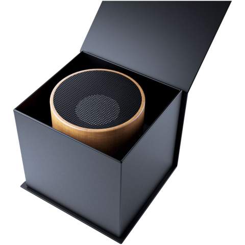 3W maple wood Bluetooth speaker with carved logo and a double sound output for an unparalleled sound quality for a speaker this size. The ring speaker can be tilted to direct the sound in any direction. Has built-in microphone and conference call function. Capacity: 500 mAh - 3.7 V battery. Frequency: 50 Hz - 20 KHz. Sound output: 1 x 3 W. Impedance: 4 Ω. Bluetooth® 5.0. Net weight: 100 grams. Size: ∅ 50 mm x 45 mm. Comes with a gift box with magnetic closure, made out of recycled paper.