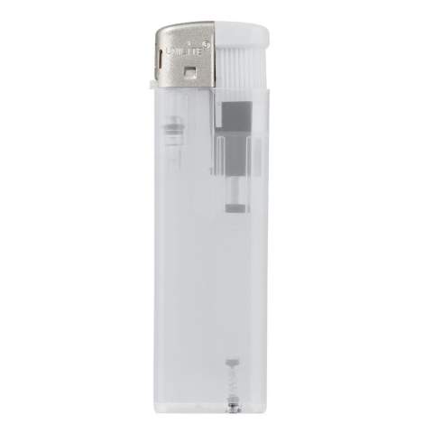 An electronic refillable translucent lighter. Child-resistant.