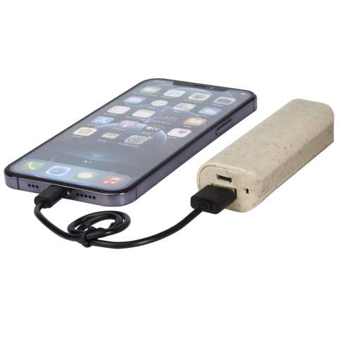1200mAh light and compact power bank made of a mixture of wheat straw and ABS plastic, reducing the amount of plastic needed. USB output: 5V/1A. No accessory cable provided for sustainability purposes.