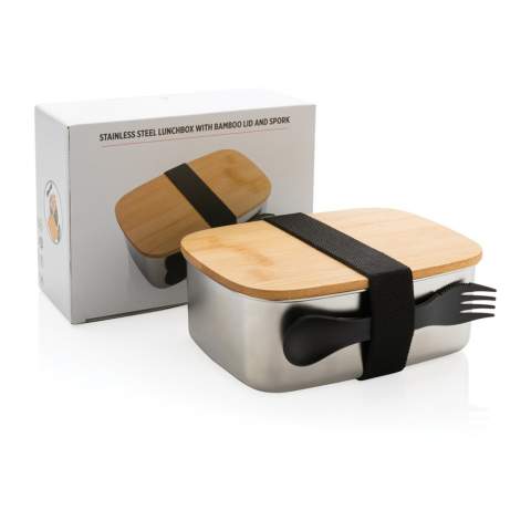 Enjoy a healthy, hassle-free lunch on the go with the sleek looking stainless steel lunchbox with bamboo lid. Includes a handy elastic strap and spork. The lunchbox cannot be put into the microwave and oven. Handwash only. Capacity 0.9 litre.