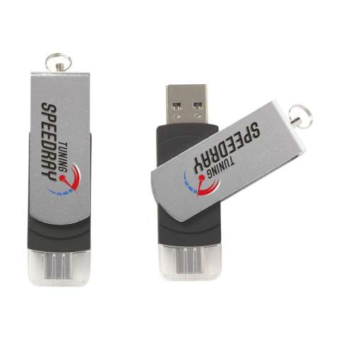 Stick with on one side a • USB (version 3.0) for the safe and handy storage and transport of files and on the other side a • Type-C (the new standard) connector cap to be used as storage for data from smartphones and tablets. With one movement, turn the ABS USB stick from the metal front which ensures optimum protection of the stick. With key ring. Compatible with 2.0 and 3.0 USB ports, PC and Mac. Up to 10 times faster read/write speeds in combination with 3.0 port. Ready for immediate use by 'Plug & Play' system. Usable on Windows, Mac and Linux. Each piece in a box. The price includes a one colour imprint on one side of the product.