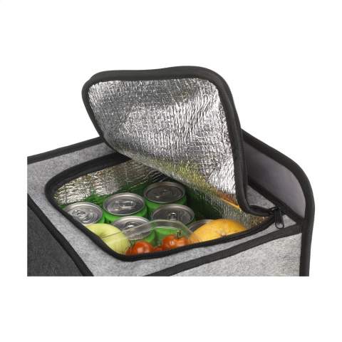 WoW! Practical, foldable organiser with cooling compartment designed for the boot of a car. Made from sturdy, eco-friendly RPET felt (made from recycled PET bottles). The main storage compartment is fitted with a base plate and a spacious lockable cooling compartment. A front pocket and mesh side pocket provide extra storage space. The organiser compartment is perfect for storing a number of smaller items and the cool storage compartment is ideal for transporting chilled food. Meas. expanded 31 x 28 x 48 cm. Meas. folded 31 x 28 x 6 cm. Capacity approx. 41 litres. 684 g.