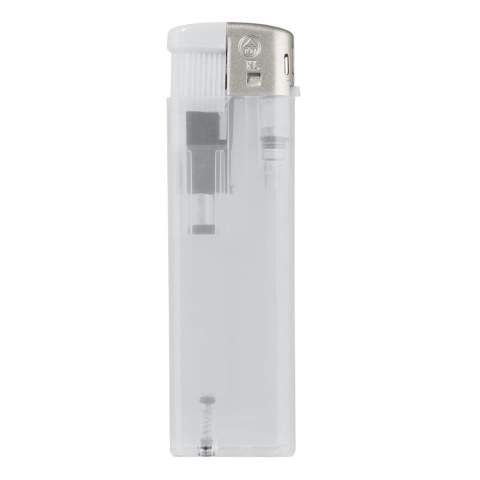 An electronic refillable translucent lighter. Child-resistant.