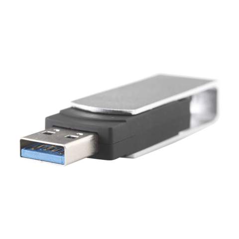 Stick with on one side a • USB (version 3.0) for the safe and handy storage and transport of files and on the other side a • Type-C (the new standard) connector cap to be used as storage for data from smartphones and tablets. With one movement, turn the ABS USB stick from the metal front which ensures optimum protection of the stick. With key ring. Compatible with 2.0 and 3.0 USB ports, PC and Mac. Up to 10 times faster read/write speeds in combination with 3.0 port. Ready for immediate use by 'Plug & Play' system. Usable on Windows, Mac and Linux. Each piece in a box. The price includes a one colour imprint on one side of the product.