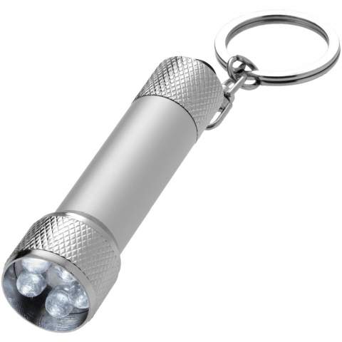 Sleutelhangerlampje met 5 helder witte LED's en aan-/uitknop. Metalen sleutelring. Inclusief batterijen.