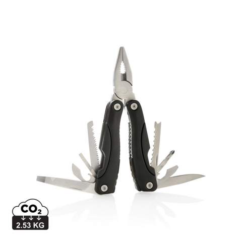 Aluminium multitool, handle with black details, 14 functions, packed in black 600D pouch.