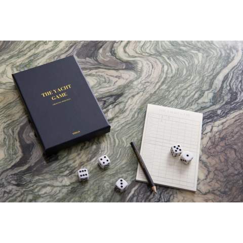 Full house, four of a kind, or yatzy? This is the game of the five dices, in a stylish box, printed with golden text. The nice gift box makes it both fun to gift away and to use as a nice detail on the coffee table. *Stock in transition: please note that we are in transition of item name update from Yahtzee to Yacht game in our inventory. The item and function is 100% the same only the name will be changed in future batch.