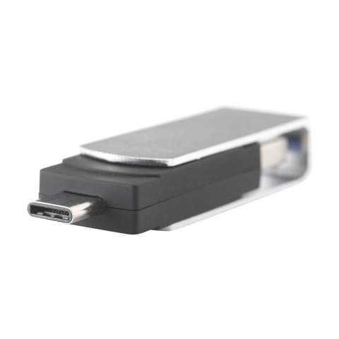Stick with on one side a • USB (version 3.0) for the safe and handy storage and transport of files and on the other side a • Type-C (the new standard) connector cap to be used as storage for data from smartphones and tablets. With one movement, turn the ABS USB stick from the metal front which ensures optimum protection of the stick. With key ring. Compatible with 2.0 and 3.0 USB ports, PC and Mac. Up to 10 times faster read/write speeds in combination with 3.0 port. Ready for immediate use by 'Plug & Play' system. Usable on Windows, Mac and Linux. Each piece in a box. The price includes a one colour imprint on one side of the product.
