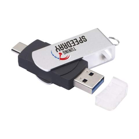 Stick with on one side a • USB (version 3.0) for the safe and handy storage and transport of files and on the other side a • Type-C (the new standard) connector cap to be used as storage for data from smartphones and tablets. With one movement, turn the ABS USB stick from the metal front which ensures optimum protection of the stick. With key ring. Compatible with 2.0 and 3.0 USB ports, PC and Mac. Up to 10 times faster read/write speeds in combination with 3.0 port. Ready for immediate use by 'Plug & Play' system. Usable on Windows, Mac and Linux. Each piece in a box. The price includes a one colour imprint on one side of the product.