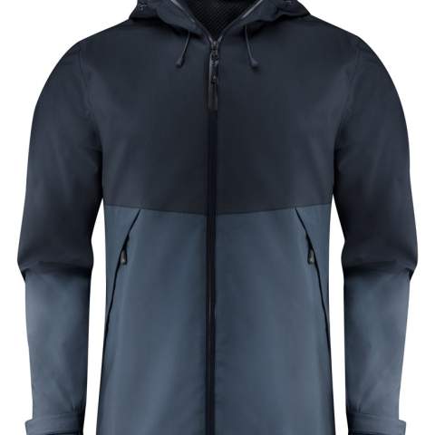 Functionele, bicolor shelljas met getapete naden. Waterdichte ritssluiting vooraan en omgedraaide nylon ritssluitingen aan de zijzakken. Aanpasbare velcrosluiting aan de manchetten. Mesh binnenvoering met linkerbinnenzak en borduurrits. Reflecterende tag in middenrug. De capuchon en de zoom zijn aanpasbaar met elastische trekkoorden.