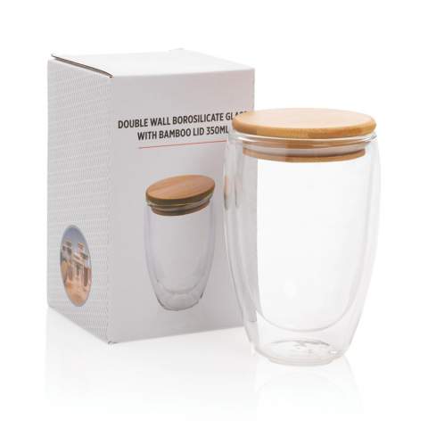 This double wall borosilicate glass has a sleek 2 layer design which showcases all your favourite drinks! No matter what you serve, cappuccino, tea or latte, it will be nice and  hot while your hand stays cool. Incudes a bamboo lid. It is recommended to handwash the glass and bamboo lid. Capacity 350ml. BPA free.