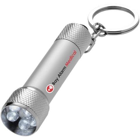 Sleutelhangerlampje met 5 helder witte LED's en aan-/uitknop. Metalen sleutelring. Inclusief batterijen.