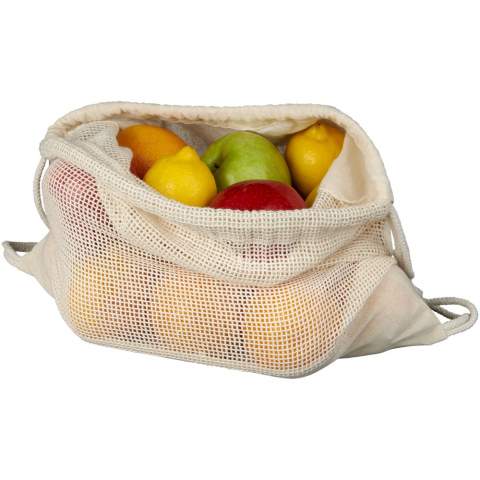 Fruits and vegetables reusable bag made of cotton mesh. Features a large main compartment with drawstring closure. Resistance up to 5 kg weight.