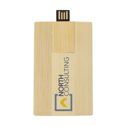 ECO bamboo USB stick (version 2.0) for the safe and handy storage and transport of files. Because it has the form of a credit card, it is slim enough to store in your wallet. Ready for immediate use due to the practical "Plug & Play" system. Compatible with Windows, Mac and Linux. Each item is supplied in an individual brown cardboard box. The price includes a one colour imprint on one side of the product.