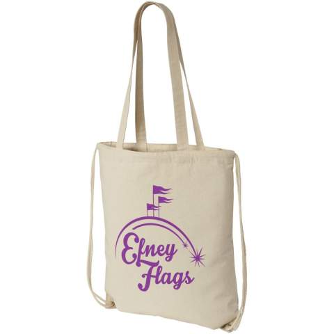Sac en coton multifonction avec de longues bretelles et un cordon de serrage, à porter comme fourre-tout ou sac à dos. Grand compartiment principal avec fermeture à cordon. Comprend deux bretelles d'une longueur de 31 cm. Capacité : 1.5 L, résistance aux charges de 5 kg.