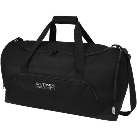 Durable duffel bag made out of 100% recycled, post-consumer plastic which contributes to the reduction of plastic waste. Features large main compartment and front zipper pocket, padded shoulder strap, and padded handles. Approximately 27 bottles are recycled to make this bag.