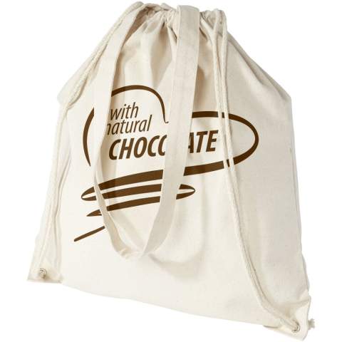 Sac en coton multifonction avec de longues bretelles et un cordon de serrage, à porter comme fourre-tout ou sac à dos. Grand compartiment principal avec fermeture à cordon. Comprend deux bretelles d'une longueur de 31 cm. Capacité : 1.5 L, résistance aux charges de 5 kg.