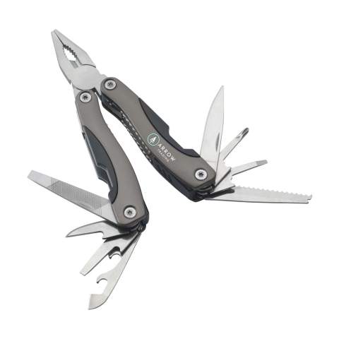 Compact stainless steel multi tool with aluminium hand grip and metallic look. 9-pieces with 13 functions: tongs, wire cutter, 3 screwdrivers, phillips screwdriver, file, saw/fish scraper, knife, reamer, can opener and cap lifter. In a 600D nylon pouch. Please note local rules may apply regarding the possession and/or carrying of knives or multitools in public. Each item is supplied in an individual brown cardboard box.