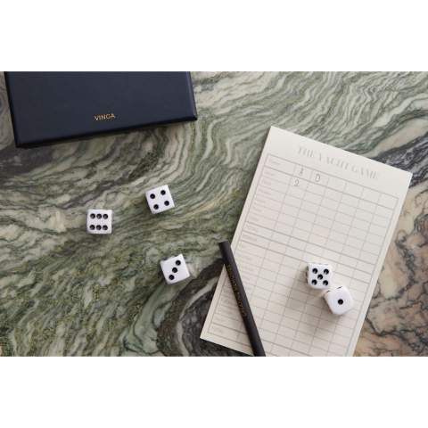 Full house, four of a kind, or yatzy? This is the game of the five dices, in a stylish box, printed with golden text. The nice gift box makes it both fun to gift away and to use as a nice detail on the coffee table. *Stock in transition: please note that we are in transition of item name update from Yahtzee to Yacht game in our inventory. The item and function is 100% the same only the name will be changed in future batch.