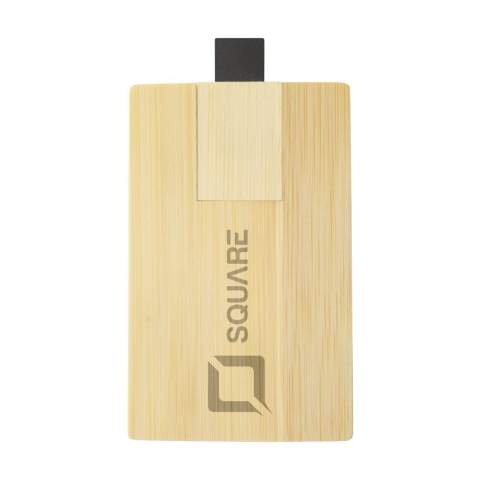 ECO bamboo USB stick (version 2.0) for the safe and handy storage and transport of files. Because it has the form of a credit card, it is slim enough to store in your wallet. Ready for immediate use due to the practical "Plug & Play" system. Compatible with Windows, Mac and Linux. Each item is supplied in an individual brown cardboard box. The price includes a one colour imprint on one side of the product.