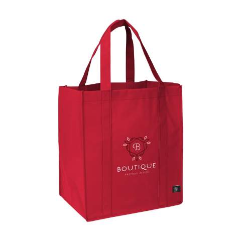 WoW! Practical, extra spacious shopping bag made from recycled non-woven polyester (80 g/m²). Strong and super light. With a reinforced bottom, carrying loops and an extra hanging loop on the inside. GRS-certified. Total recycled material: 94%. Capacity approx. 25 litres.