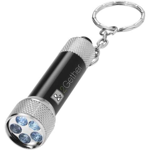 Bright 5 LED key light with push button power switch. Split metal key ring. Batteries included.