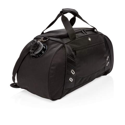 This 600D with 1680D polyester duffle bag offers sporty style for the gym or casual travel. Includes a roomy main compartment with a U-shaped top zipper closure, a side entry shoe compartment with air vent and a side bottle holder compartment. Front zippered quick-stash pocket for smartphones and other travel accessories. Adjustable shoulder strap and double top handles for carrying comfort and versatility. PVC free.<br /><br />PVC free: true